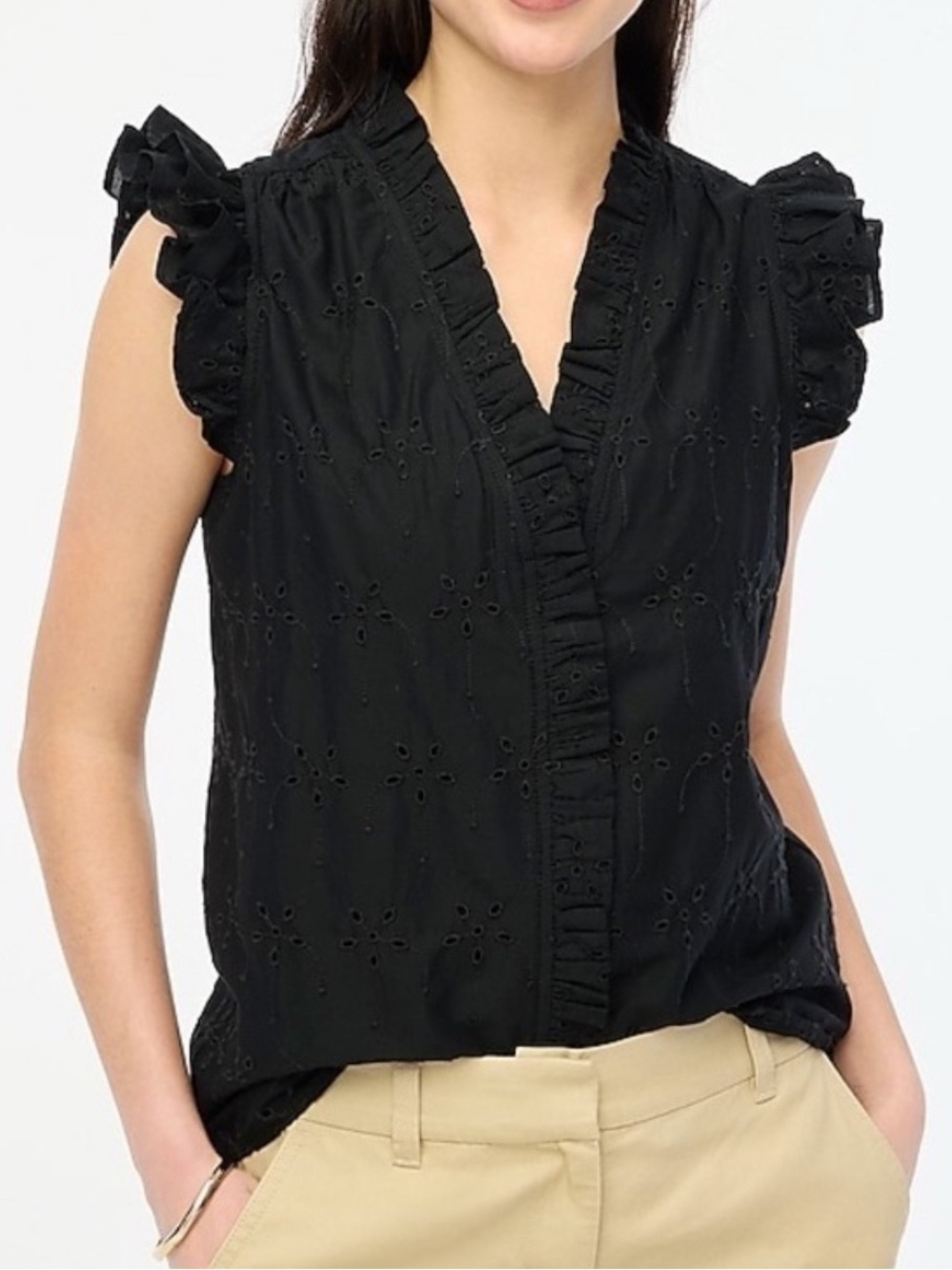 J Crew Sleeveless Black Eyelet Ruffle Top